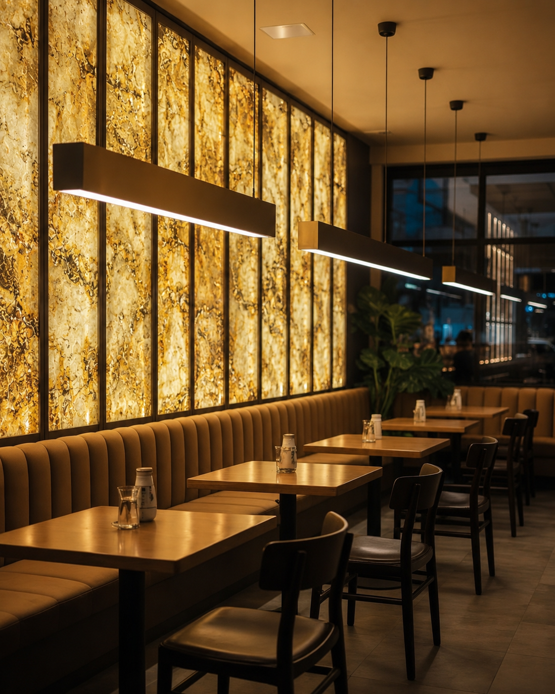 Backlit onyx bar and feature wall in an atmospheric interior