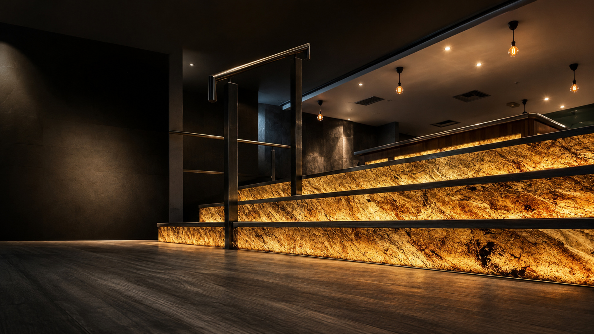 Illuminated stone staircase in a restaurant fit-out