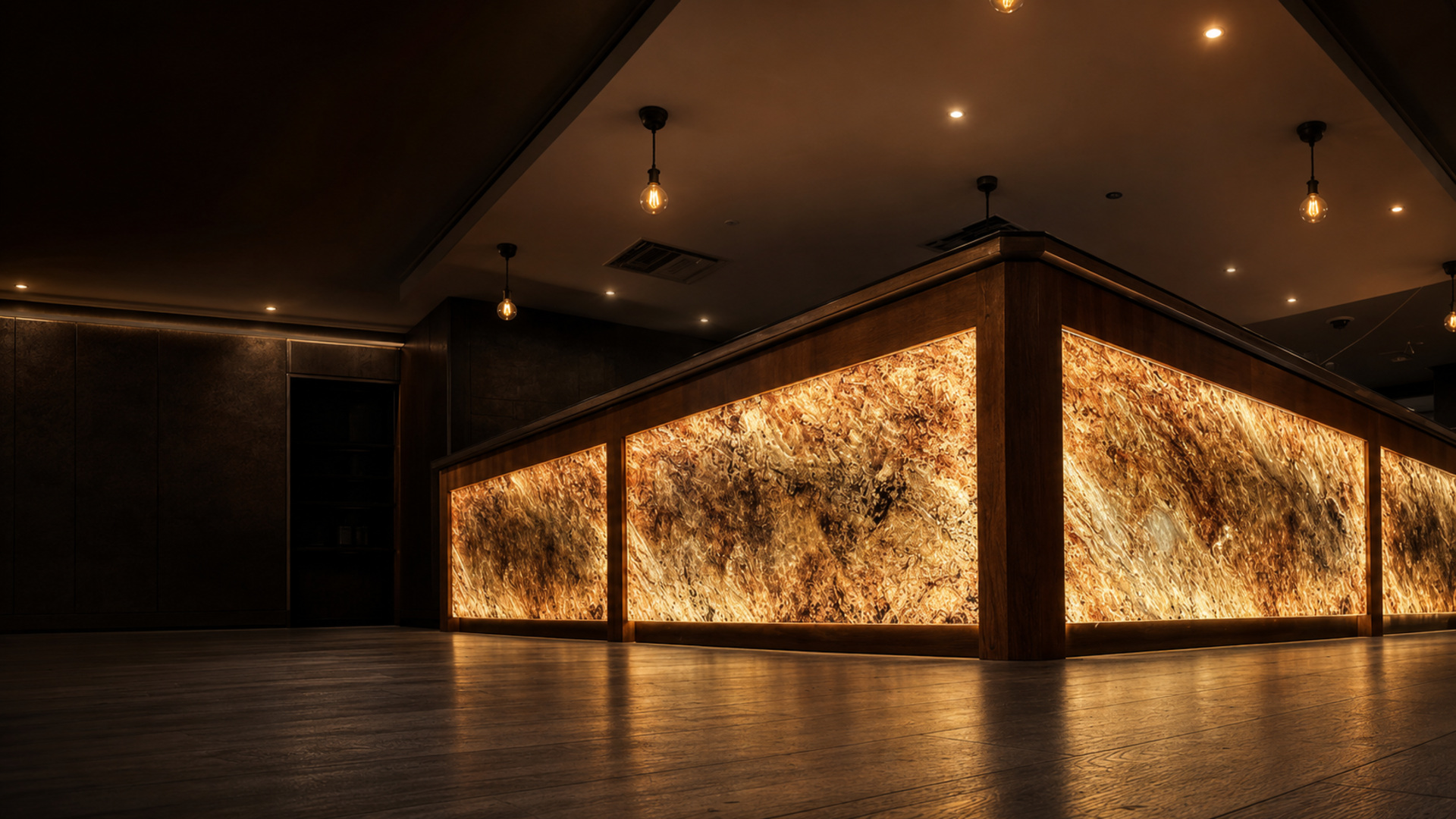 Backlit onyx bar and feature wall in an atmospheric interior