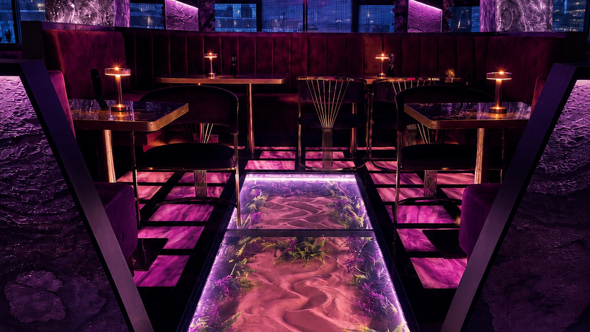 Illuminated stone surfaces in a nightclub interior